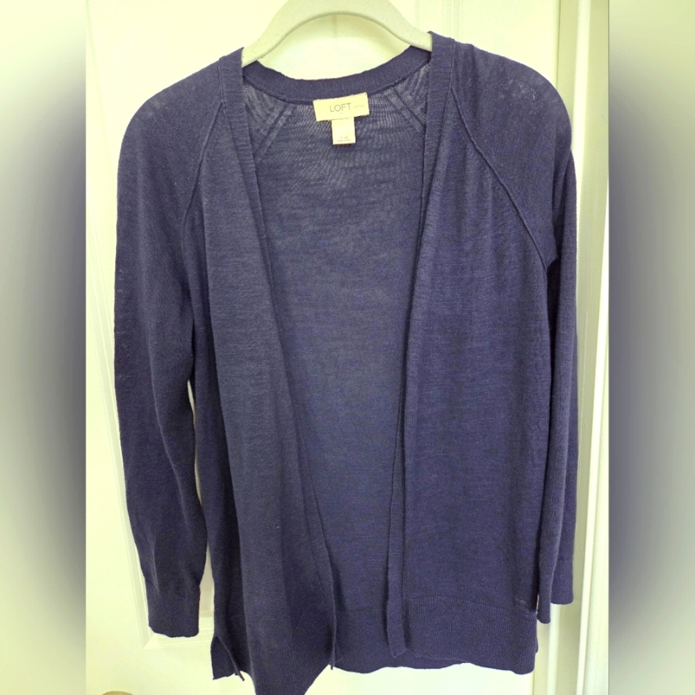 Loft XS Petite Open Front Long Sleeve Cardigan, Navy Cotton